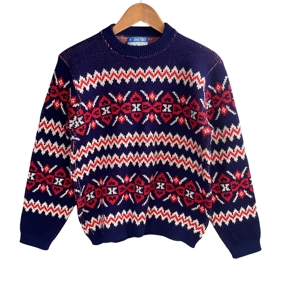Puritan Sportswear Sweater‎ Mens Medium Vintage Fair Isle Knit Wintuk Grandpa